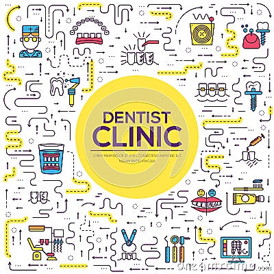 Thin line dentist clinic baking brochure cards set. Dent instruments template of flyear, magazines, poster, book cove Vector Illustration