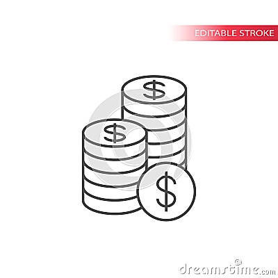 Thin line dollar coin stack icon. Outline, editable dollars coins stacks icon. Vector Illustration