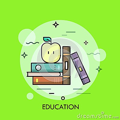 Thin line education concept with books and apple Vector Illustration