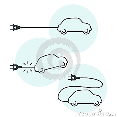 Thin line electric car icon with cord and plug - electrical dependence Vector Illustration