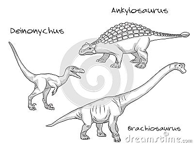 Thin line engraving style illustrations, various kinds of prehistoric dinosaurs, it includes deinonychus, ankylosaurus Vector Illustration