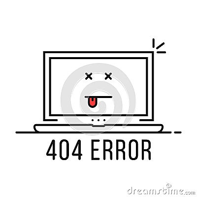 Thin line 404 error with dead emoji Vector Illustration