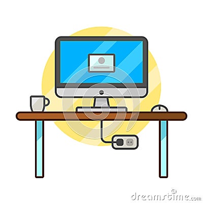 Thin line flat computer programmer desk, web coder workplace tools and equipment, software developer Vector Illustration