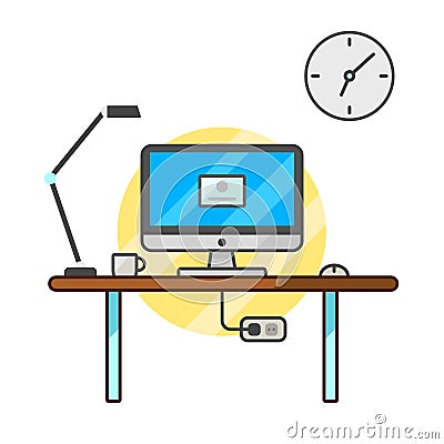 Thin line flat computer programmer desk, web coder workplace tools and equipment, software developer Vector Illustration
