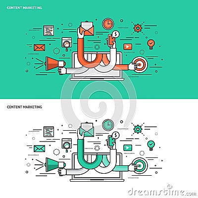 Thin line flat design concept banners for Content Marketing Vector Illustration