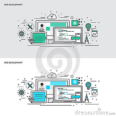 Thin line flat design concept banners for Web Development Vector Illustration