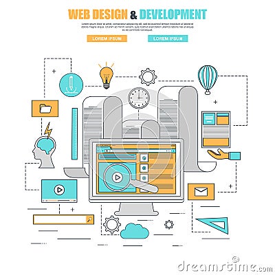 Thin line flat design concept for process web design and development website Vector Illustration