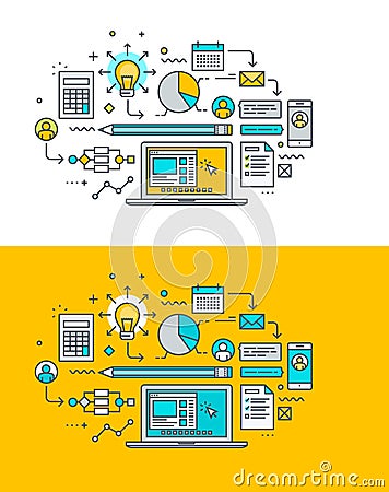 Thin line flat design concept on the theme of creative process, research, analytics, planning, development Vector Illustration