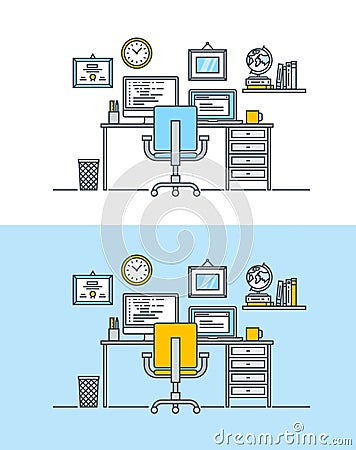 Thin line flat design concept of workspace Vector Illustration