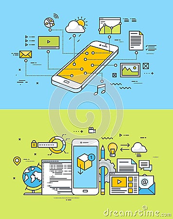 Thin line flat design concepts of mobile site and app design and development Vector Illustration