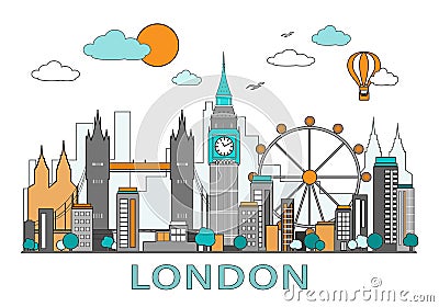 Thin line flat design of London city. Modern London skyline vector illustration, isolated. Vector Illustration