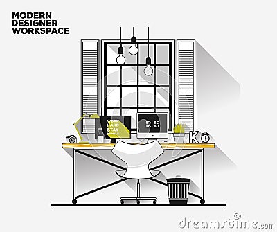 Modern designer workplace. Icon collection of business work flow items. Vector Illustration