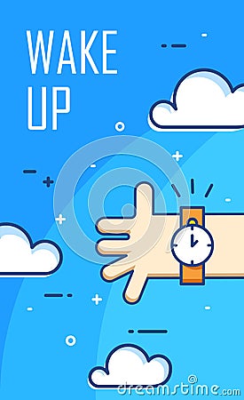 Thin line flat design. Wake up poster. Vector banner with clouds, hand and alarm clock Vector Illustration