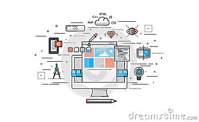 Thin line flat design of website building process Vector Illustration