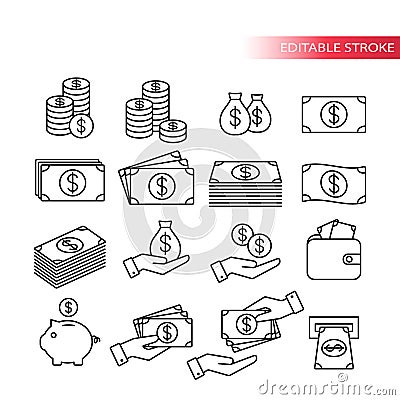 Thin line, fully editable icon set. Money icons. Money stack, coin stack, piggy bank, wallet with money, hand holdin Vector Illustration