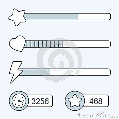 Thin line game time progress bar icons Vector Illustration