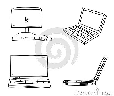 Thin line hand drawn laptop and desktop computer art Cartoon Illustration