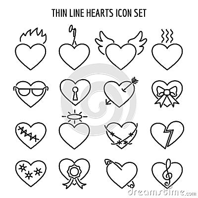 Thin line heart icons. Vector linear broken, marriage and lock hearts signs Vector Illustration