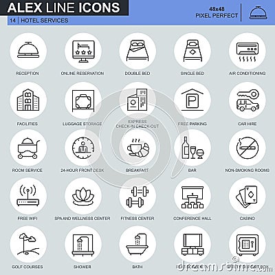 Thin line hotel services and facilities, online booking icons set Vector Illustration