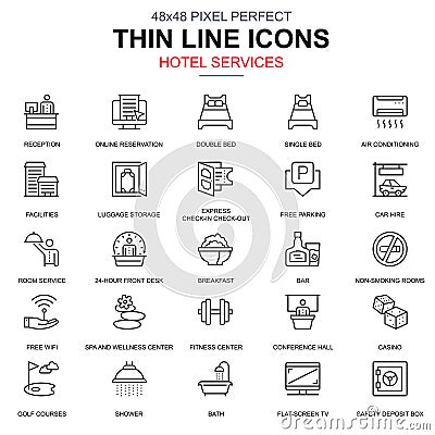 Thin line hotel services and facilities, online booking icons set for website and mobile site apps. Vector Illustration