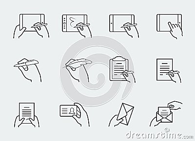 Thin line icons of hands holding and interacting with objects Vector Illustration