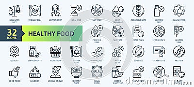 Thin Line Icon Set of Healthy Food, Halal, Kosher, Vegan food. Vector Illustration