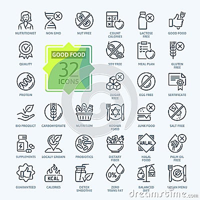 Thin Line Icon Set of Healthy Food, Halal, Kosher, Vegan food. Vector Illustration