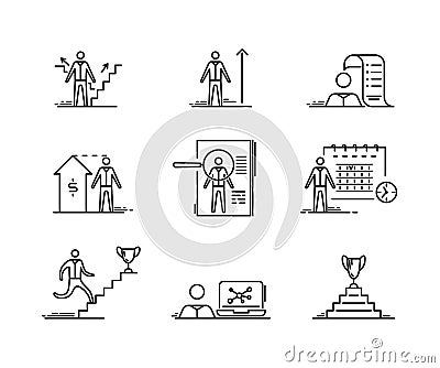 Thin line icons set. Business people development growth headhunting Finance and startup outline vector symbol Vector Illustration