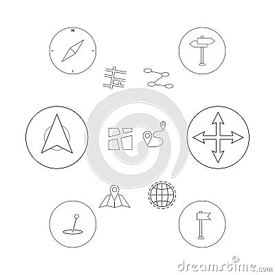 Thin line icons set. Gps geo location, navigation and transportation. Map pointer pin icons. EPS 10 Vector illustration Vector Illustration