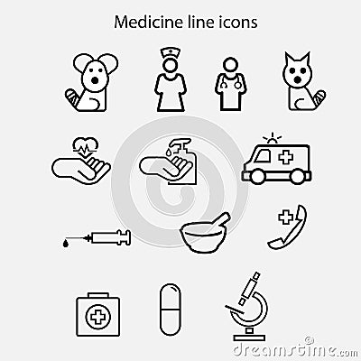 Thin line icons set of hospital and medical and veterinary care. Vector Illustration