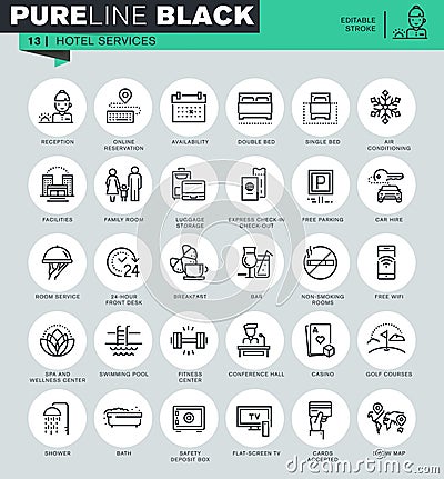 Thin line icons set of hotel services and facilities Vector Illustration