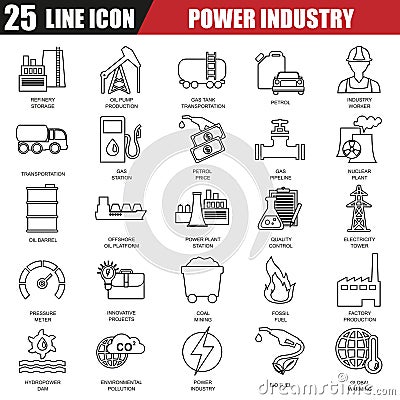 Thin line icons set of power plant, extraction of various resources Vector Illustration