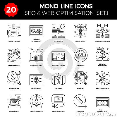 Thin Line Icons Set of Search Engine Optimization Vector Illustration