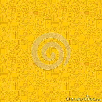 Thin Line Jewish Holiday Happy Hanukkah Seamless Yellow Pattern Vector Illustration