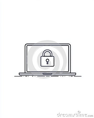 Thin line laptop centered padlock icon on white background symbolizing digital security online privacy data encryption cyber Cartoon Illustration
