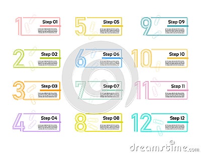 Thin line minimal Infographic design template. 12 options, steps. Can be used for process diagram, presentations, workflow layout Vector Illustration