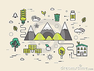 Thin line natural resources modern illustration concept. Infographic way from ecology to clean energy. Icons on isolated white Cartoon Illustration