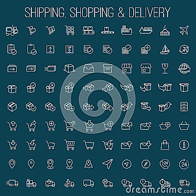 Thin line shipping, shopping and delivery icons set on blue back Stock Photo