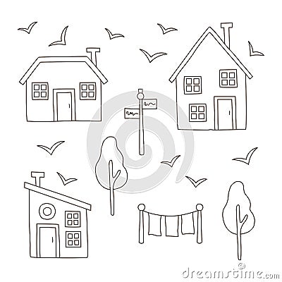 Thin line simple village houses set Vector Illustration