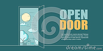 Open door leading to suburban landscape. Concept of freedom and future. Real estate business Vector Illustration