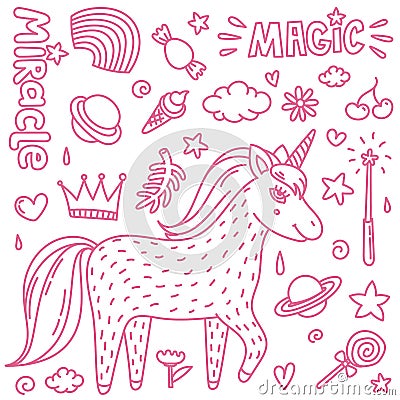 Thin line vector illustration with cute handdrawn unicorn and magic stuff. Miracle and magic creature. Vector Illustration