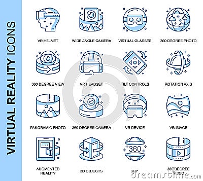 Thin Line Virtual Reality Related Vector Icons Set Vector Illustration