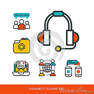 Thin lines connection icons outline set of big data center group cloud computing system internet protection password Vector Illustration