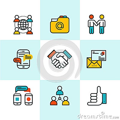 Thin lines connection icons outline set of big data center group cloud computing system internet protection password Vector Illustration