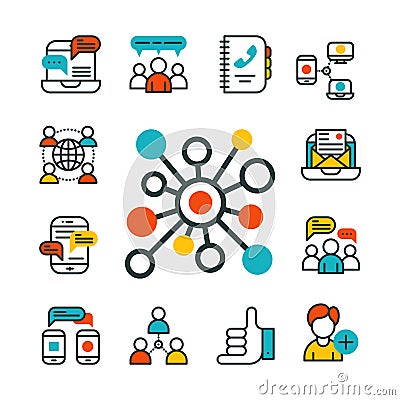 Thin lines connection icons outline set of big data center group cloud computing system internet protection password Vector Illustration