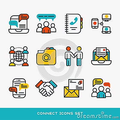 Thin lines connection icons outline set of big data center group cloud computing system internet protection password Vector Illustration