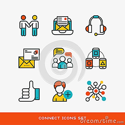 Thin lines connection icons outline set of big data center group cloud computing system internet protection password Vector Illustration