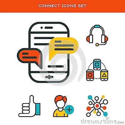 Thin lines connection icons outline set of big data center group cloud computing system internet protection password Vector Illustration