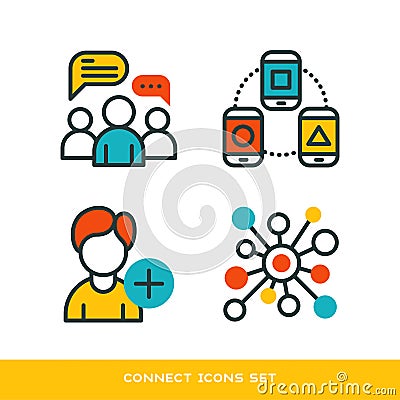 Thin lines connection icons outline set of big data center group cloud computing system internet protection password Vector Illustration