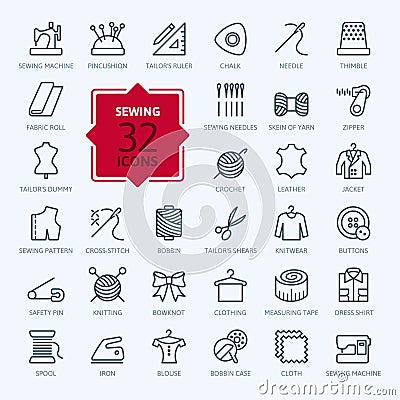 Thin lines web icon set - sewing equipment and needlework Vector Illustration